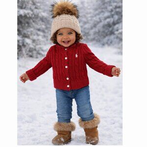 Girl's Red Cardigan Ralph Lauren Cableknit Scalloped Collar 12 Months NWT